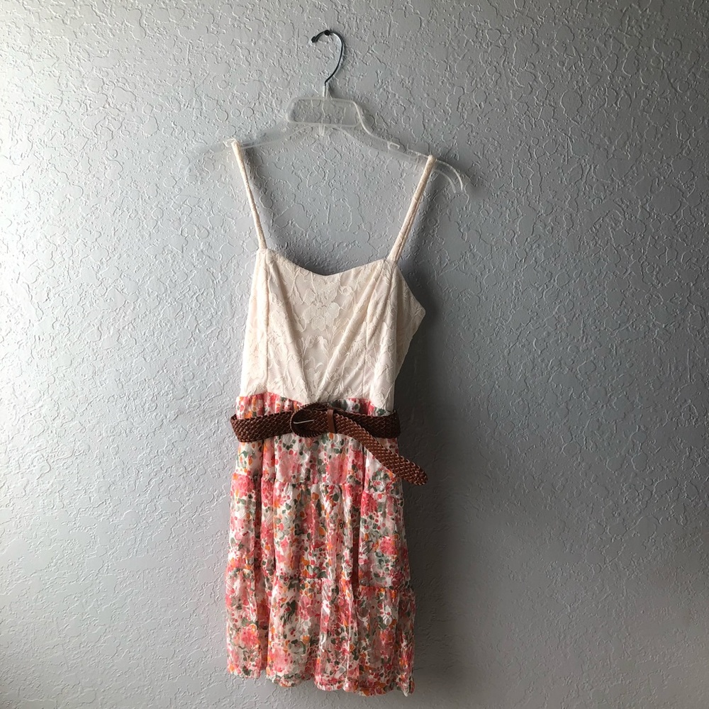 Cream/Floral, Sequin Hearts Lace Belted Dress, S